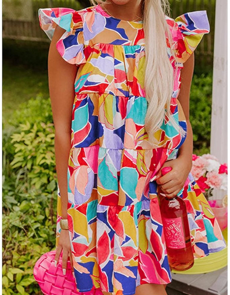Pink Abstract Printed Ruffled Flutter Sleeve Tiered Mini Dress