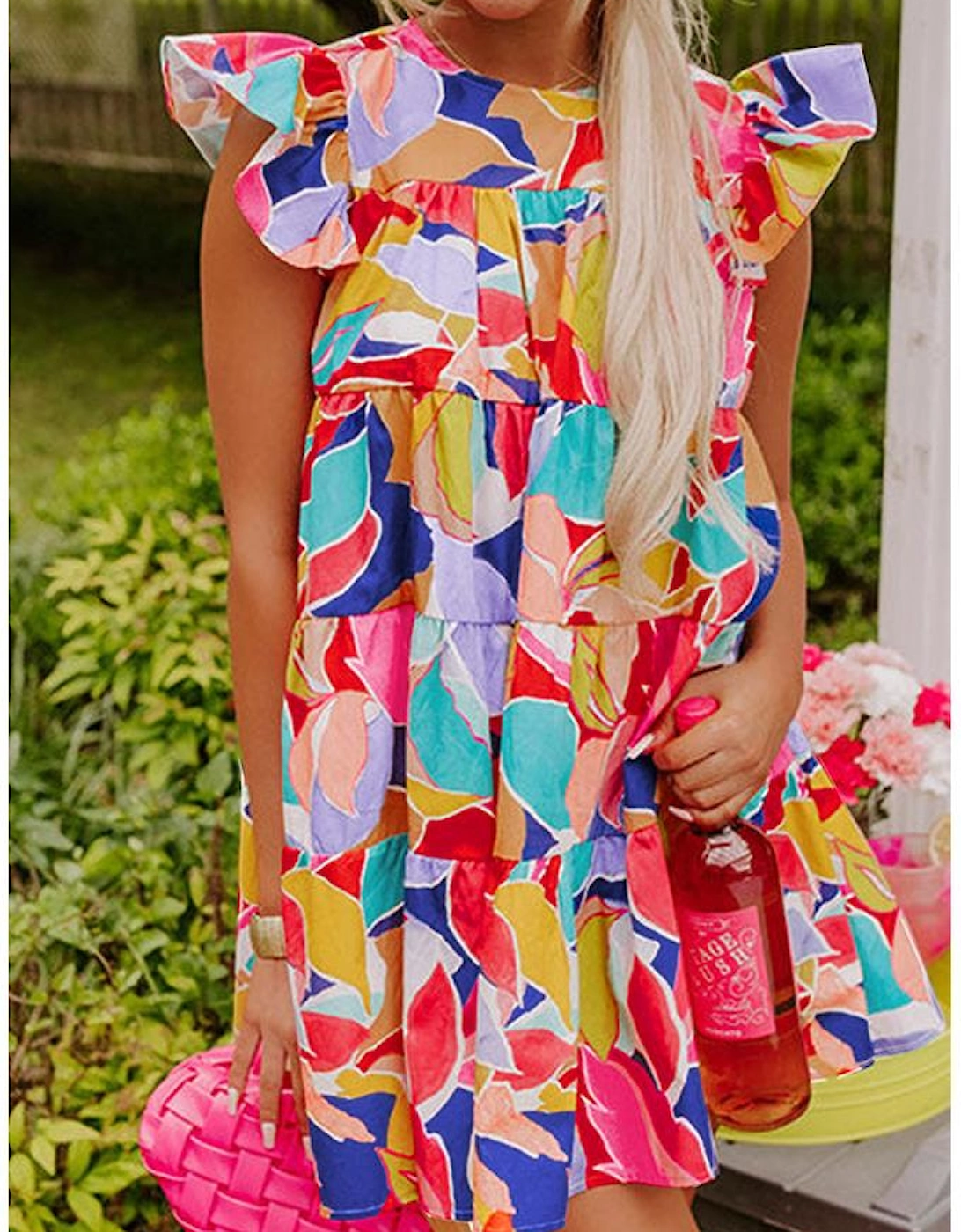 Pink Abstract Printed Ruffled Flutter Sleeve Tiered Mini Dress