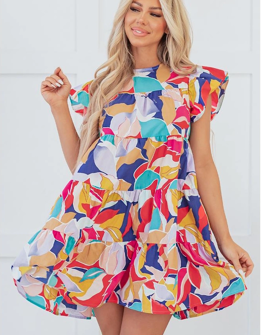 Pink Abstract Printed Ruffled Flutter Sleeve Tiered Mini Dress, 16 of 15