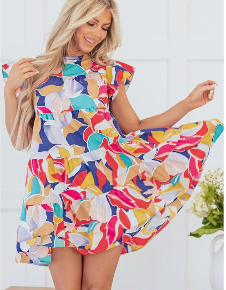 Pink Abstract Printed Ruffled Flutter Sleeve Tiered Mini Dress