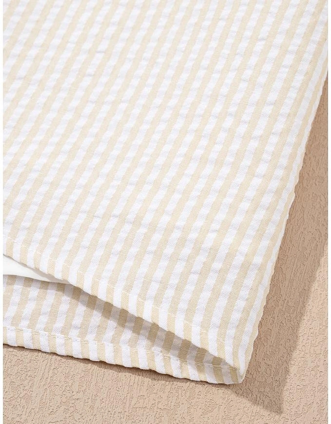 Beige Stripe Seersucker Contrast Round Neck Puff Sleeve T Shirt Dress