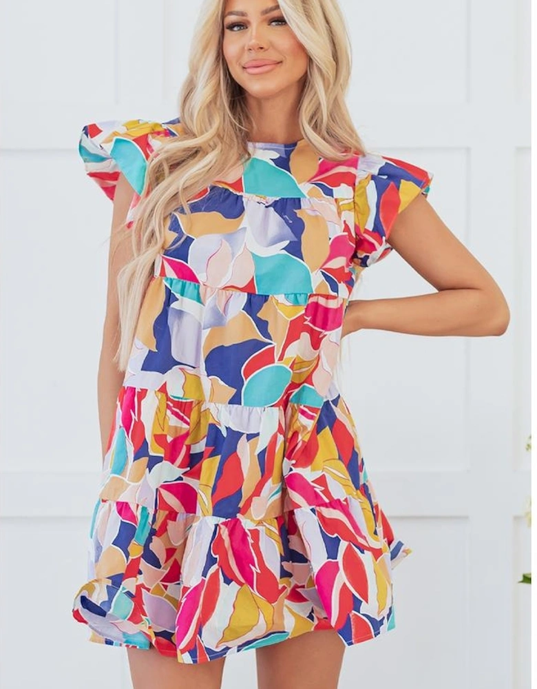 Pink Abstract Printed Ruffled Flutter Sleeve Tiered Mini Dress