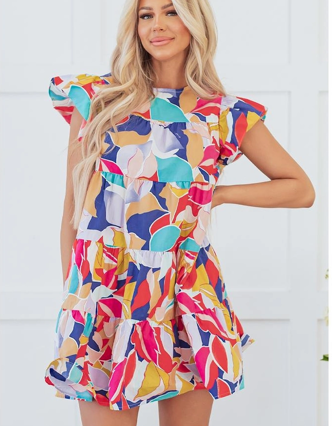 Pink Abstract Printed Ruffled Flutter Sleeve Tiered Mini Dress