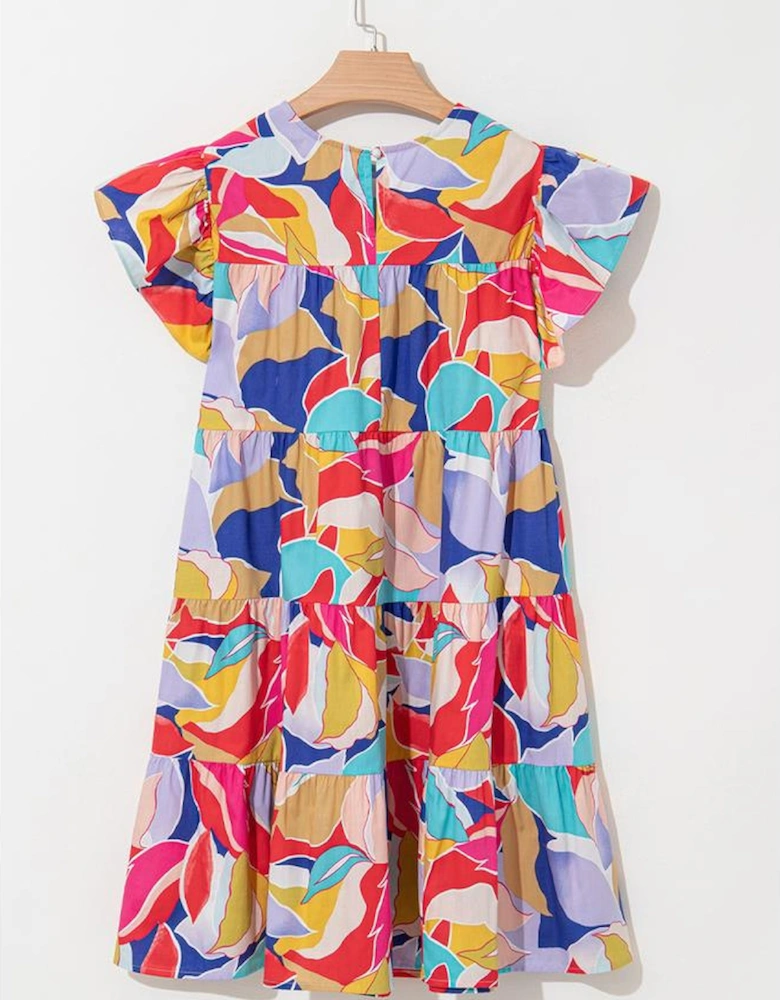 Pink Abstract Printed Ruffled Flutter Sleeve Tiered Mini Dress
