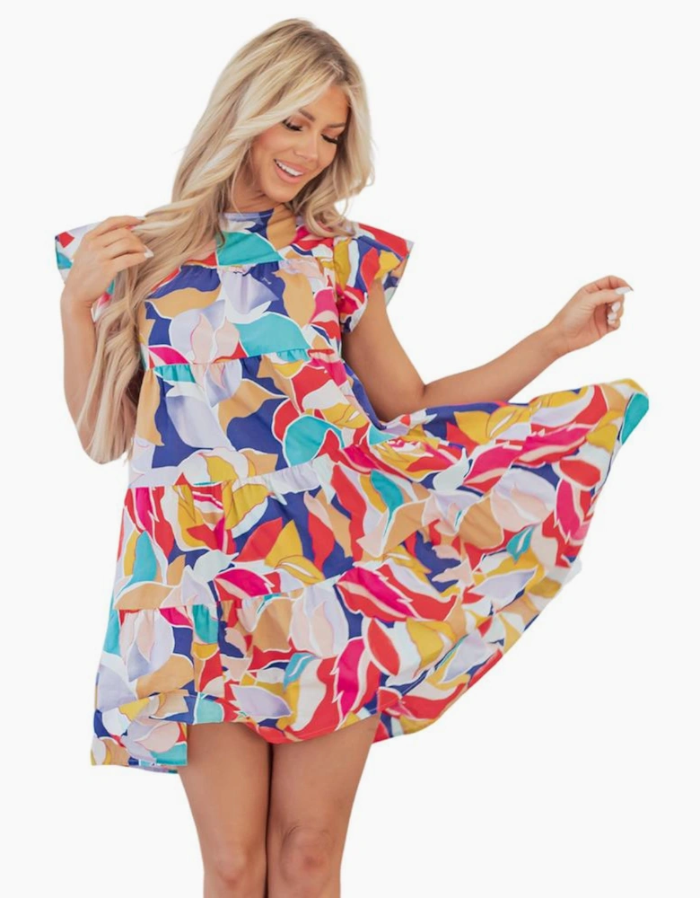 Pink Abstract Printed Ruffled Flutter Sleeve Tiered Mini Dress