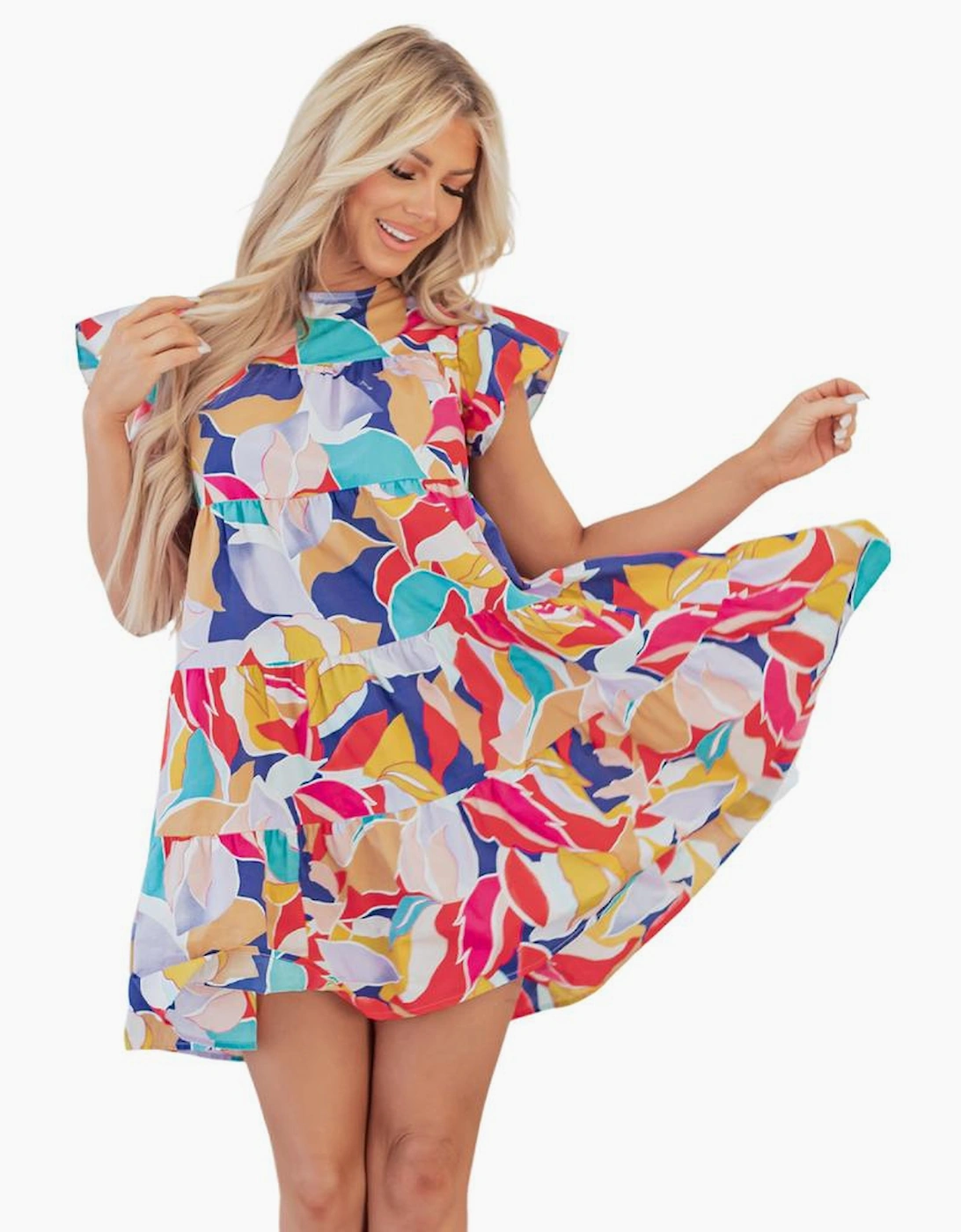 Pink Abstract Printed Ruffled Flutter Sleeve Tiered Mini Dress