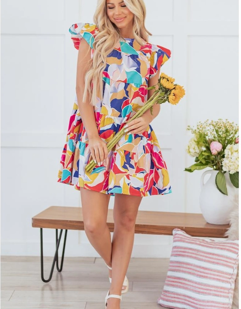 Pink Abstract Printed Ruffled Flutter Sleeve Tiered Mini Dress