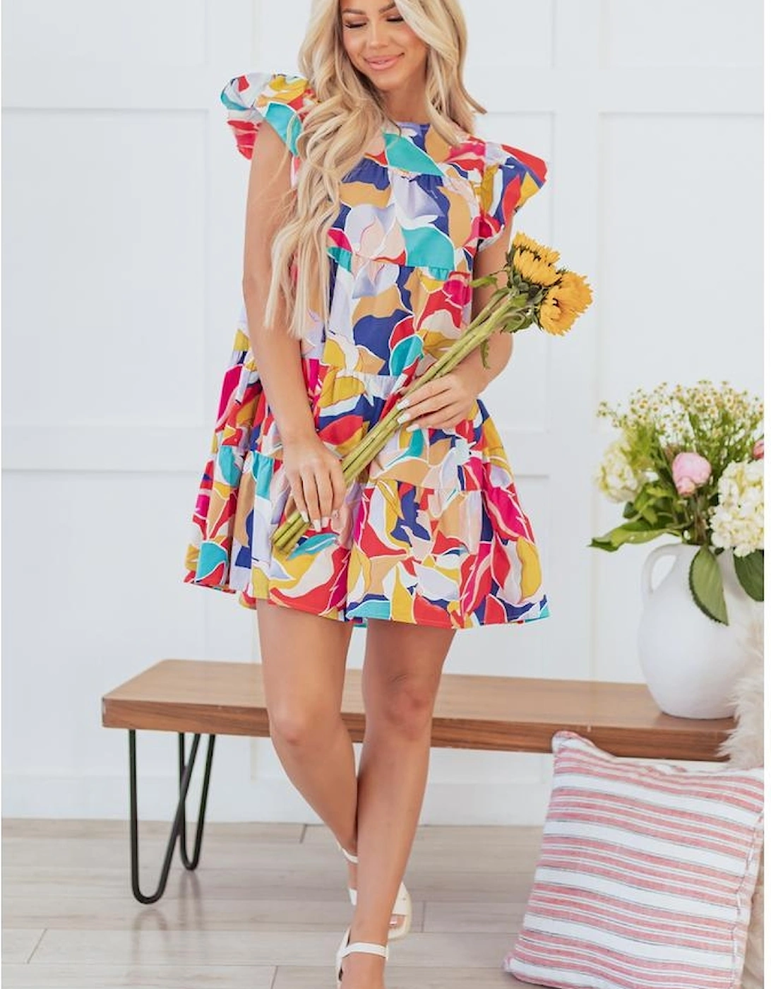 Pink Abstract Printed Ruffled Flutter Sleeve Tiered Mini Dress