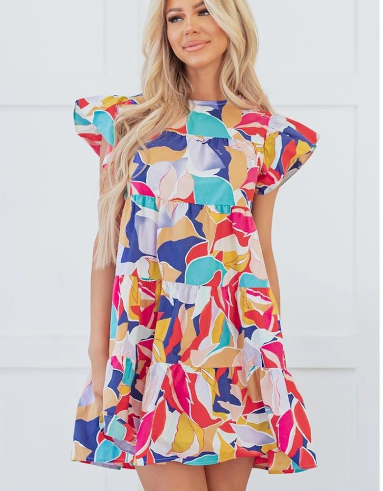 Pink Abstract Printed Ruffled Flutter Sleeve Tiered Mini Dress