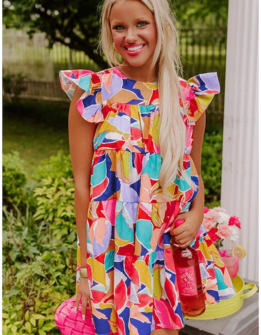 Pink Abstract Printed Ruffled Flutter Sleeve Tiered Mini Dress