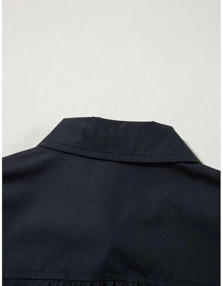 Black Button Up Tie Waist Puff Sleeve Mini Dress