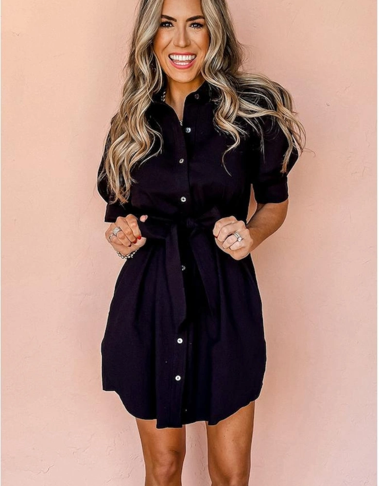 Black Button Up Tie Waist Puff Sleeve Mini Dress
