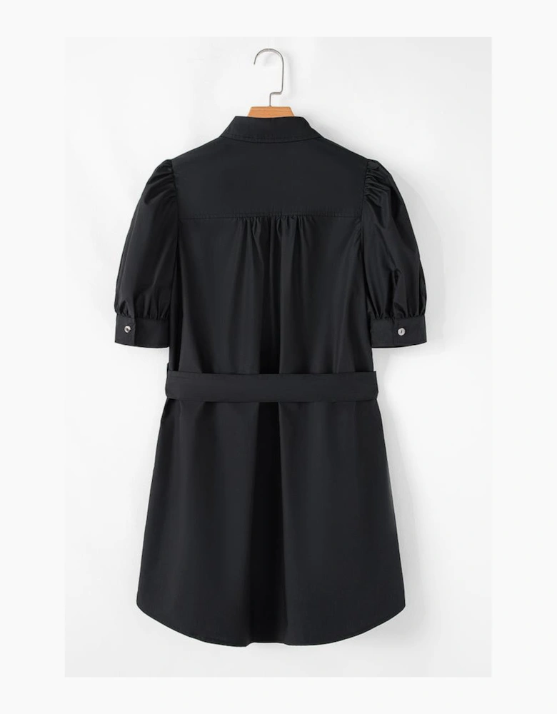 Black Button Up Tie Waist Puff Sleeve Mini Dress
