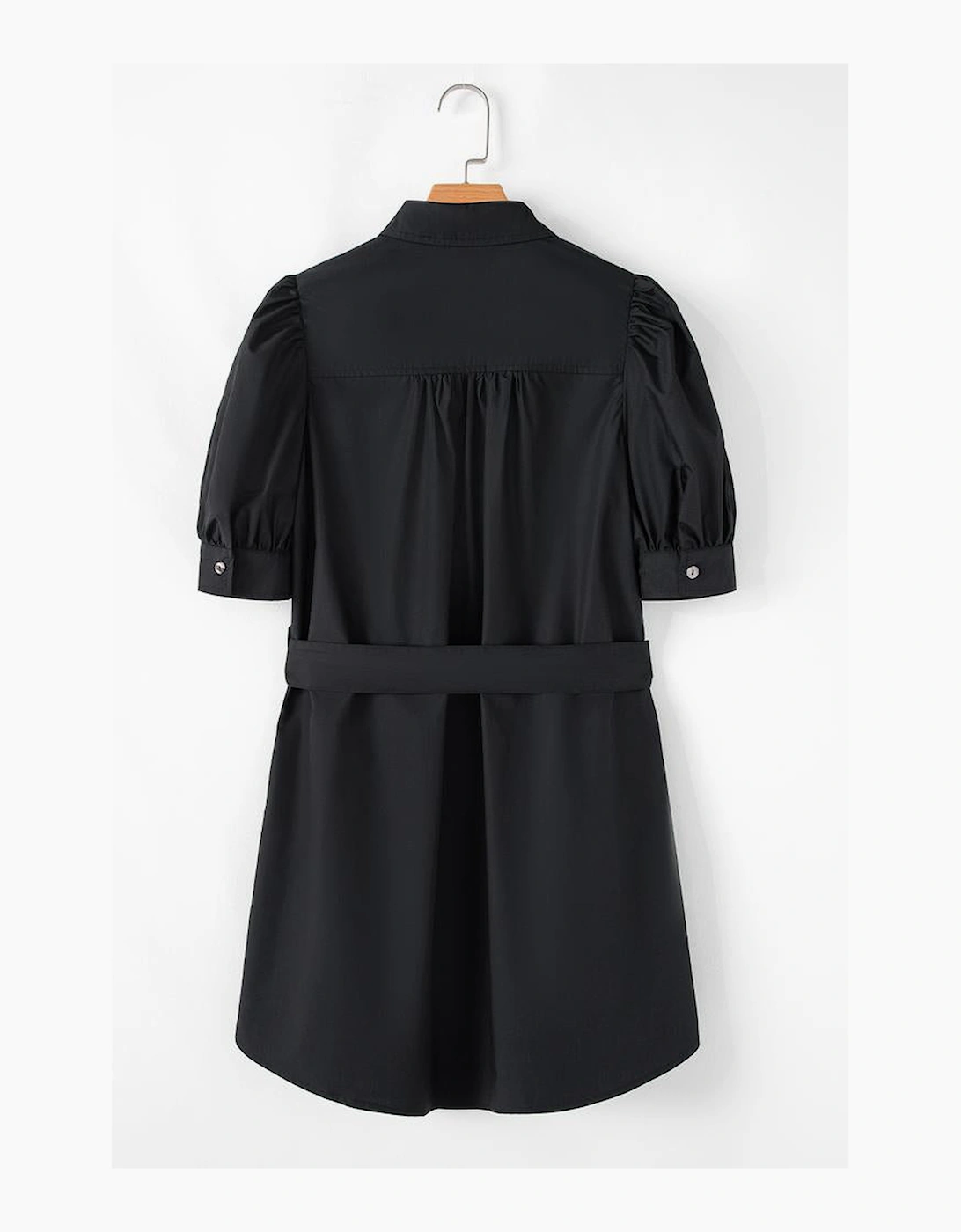 Black Button Up Tie Waist Puff Sleeve Mini Dress