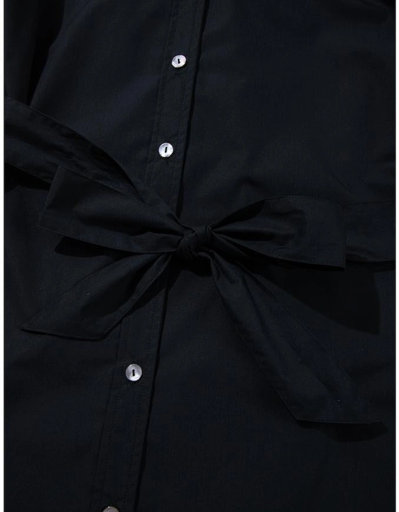 Black Button Up Tie Waist Puff Sleeve Mini Dress