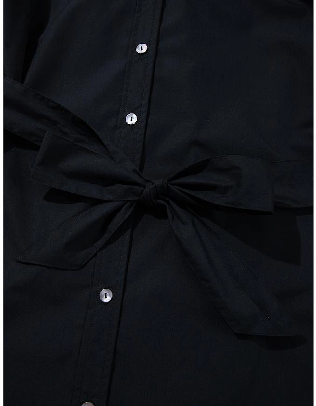 Black Button Up Tie Waist Puff Sleeve Mini Dress