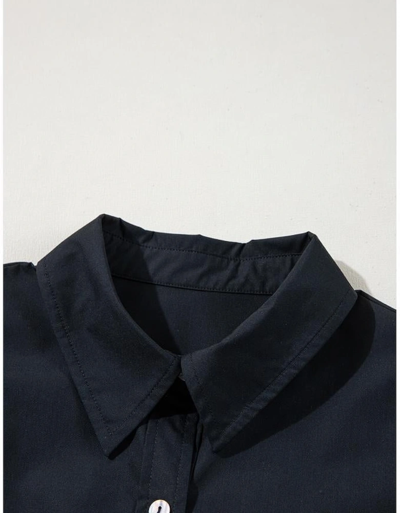 Black Button Up Tie Waist Puff Sleeve Mini Dress