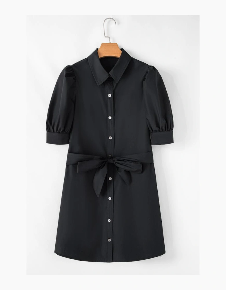 Black Button Up Tie Waist Puff Sleeve Mini Dress