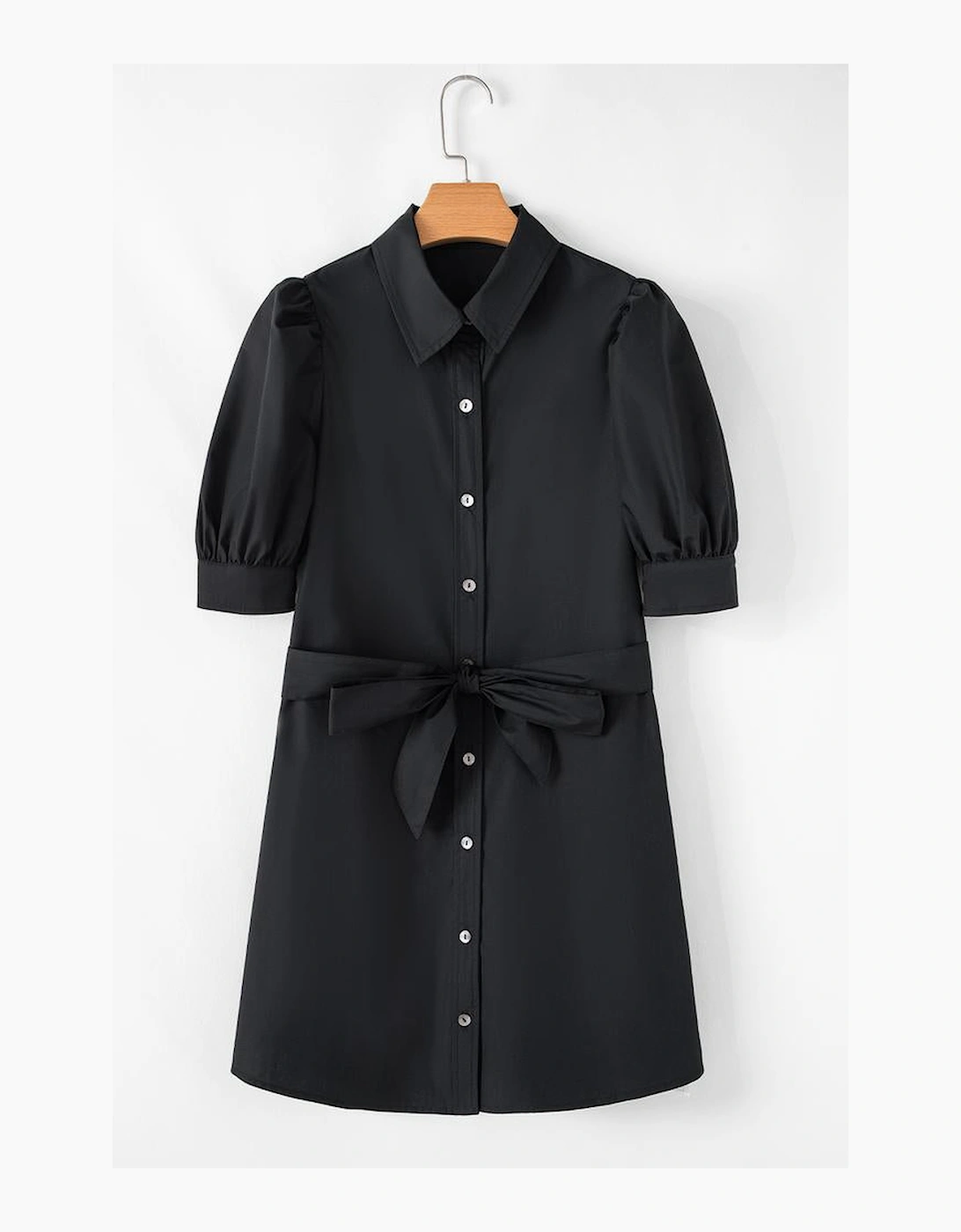 Black Button Up Tie Waist Puff Sleeve Mini Dress