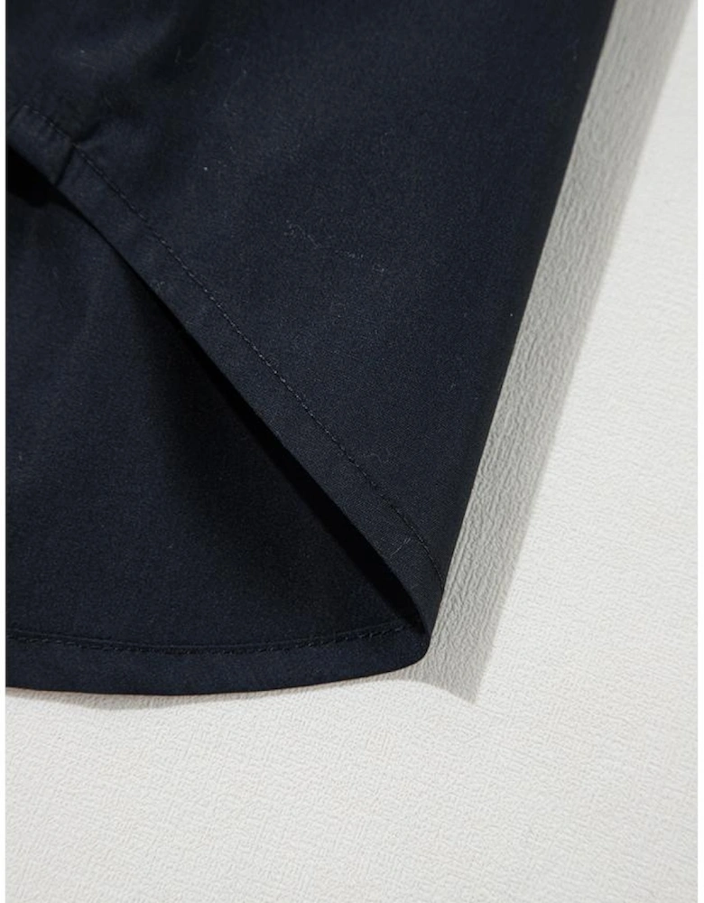 Black Button Up Tie Waist Puff Sleeve Mini Dress