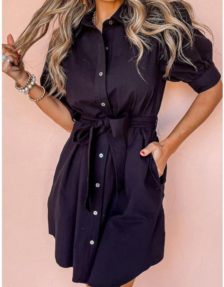 Black Button Up Tie Waist Puff Sleeve Mini Dress