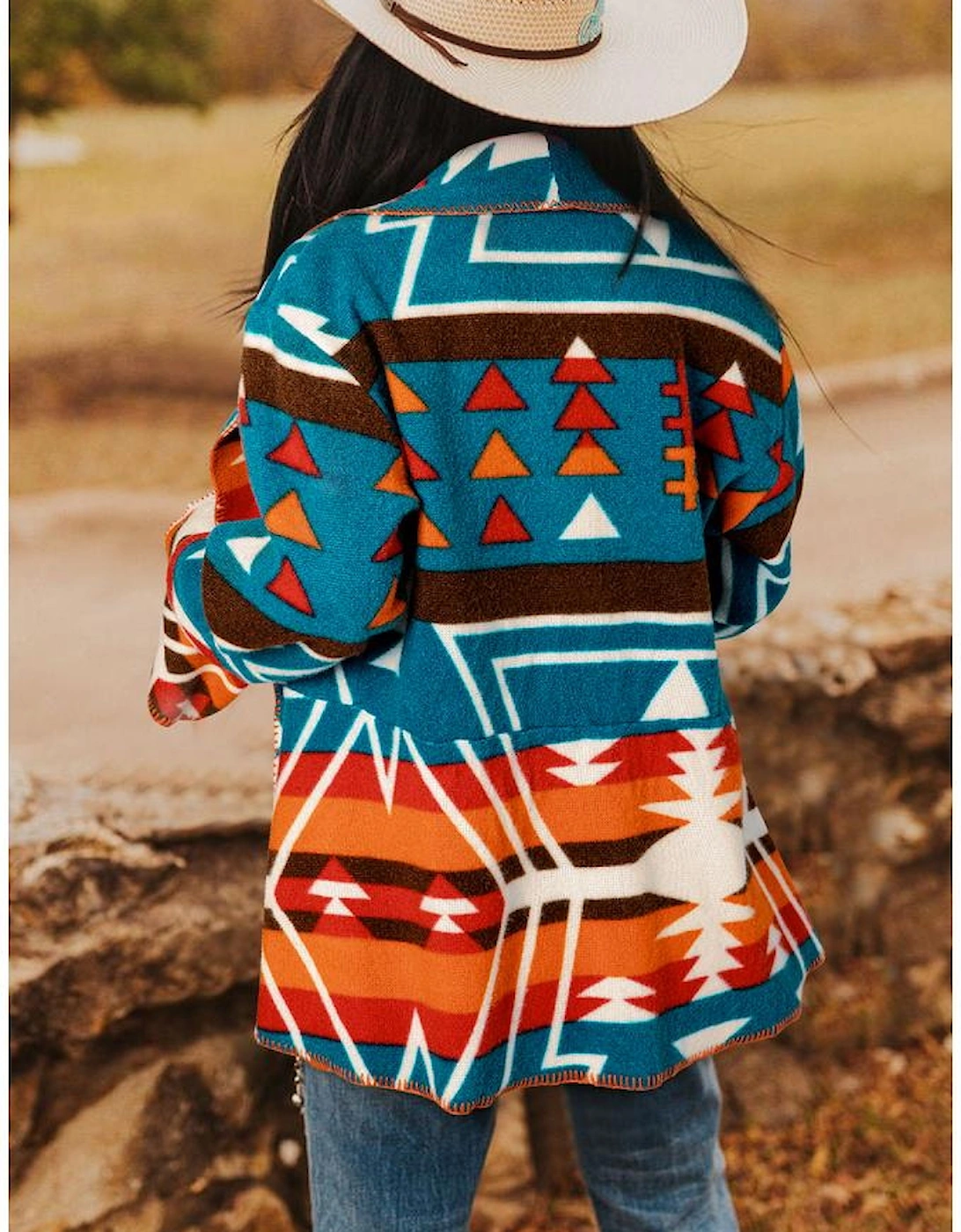 Sky Blue Aztec Printed Lapel Bell Sleeve Jacket