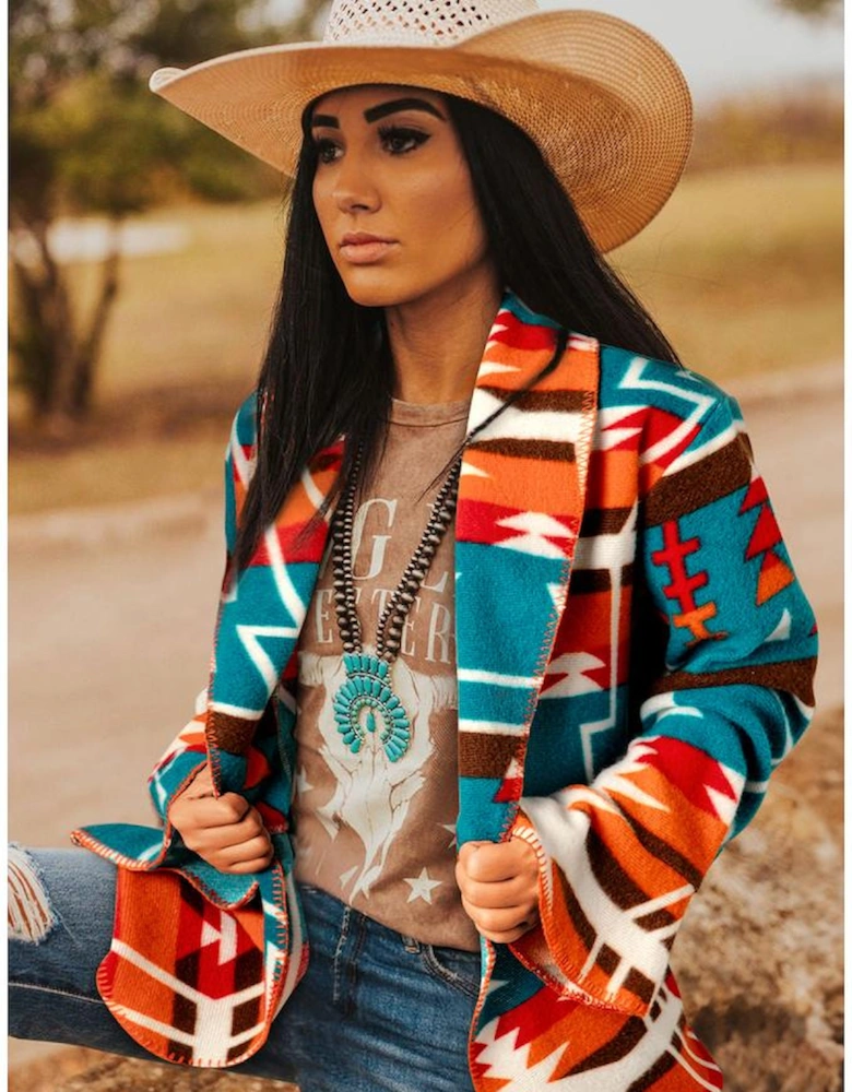 Sky Blue Aztec Printed Lapel Bell Sleeve Jacket