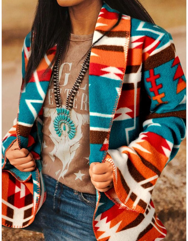 Sky Blue Aztec Printed Lapel Bell Sleeve Jacket