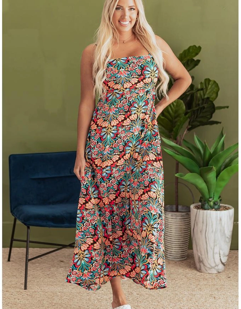 Black Boho Floral Print Thin Straps Sleeveless High Waist Maxi Dress
