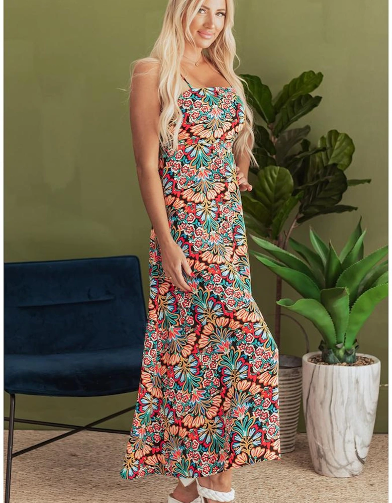 Black Boho Floral Print Thin Straps Sleeveless High Waist Maxi Dress