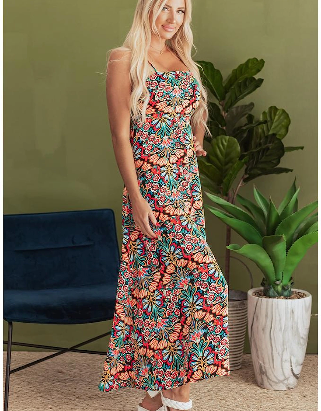 Black Boho Floral Print Thin Straps Sleeveless High Waist Maxi Dress