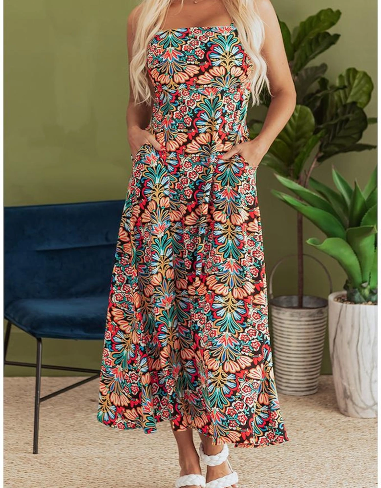 Black Boho Floral Print Thin Straps Sleeveless High Waist Maxi Dress