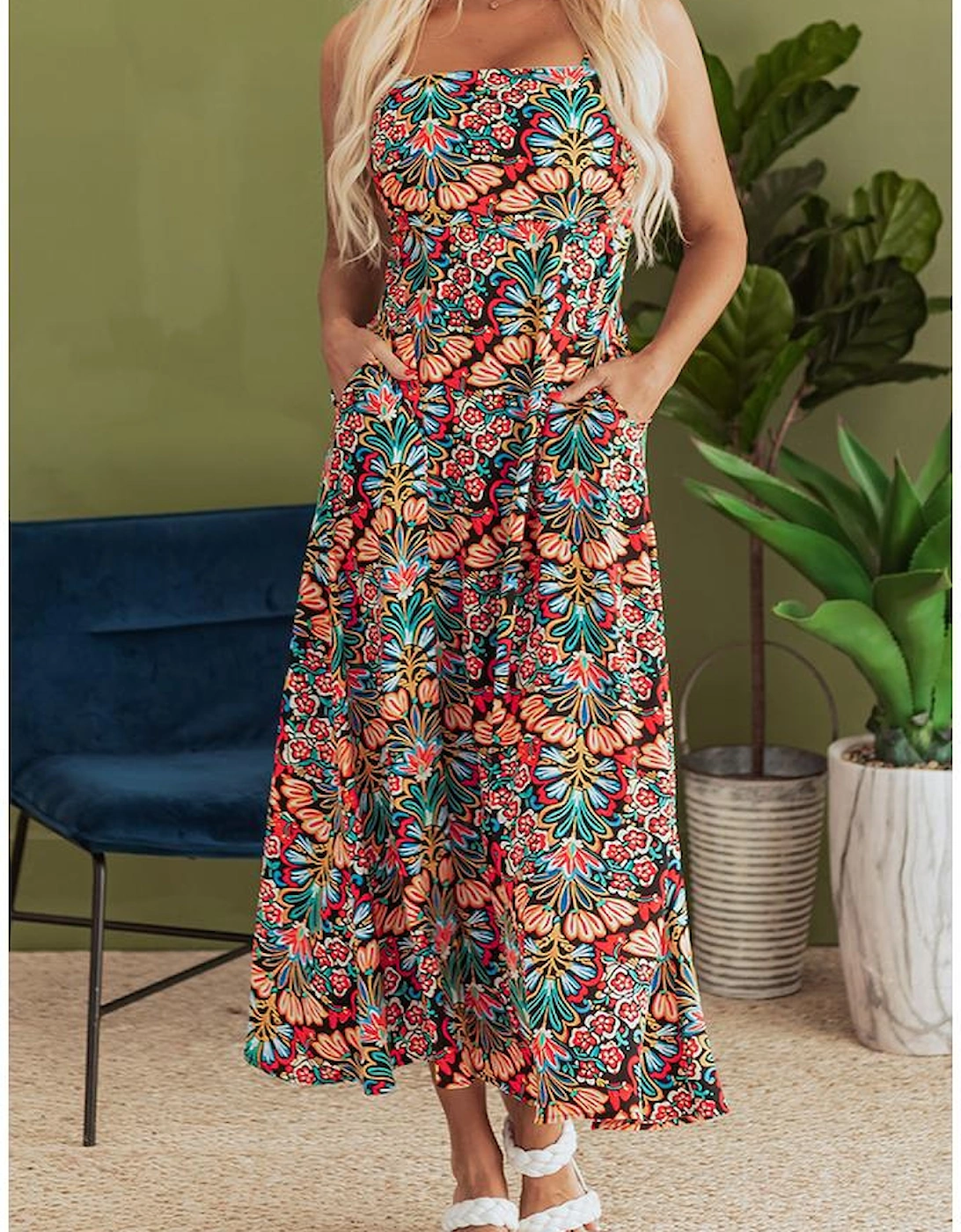 Black Boho Floral Print Thin Straps Sleeveless High Waist Maxi Dress
