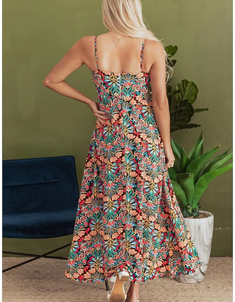 Black Boho Floral Print Thin Straps Sleeveless High Waist Maxi Dress