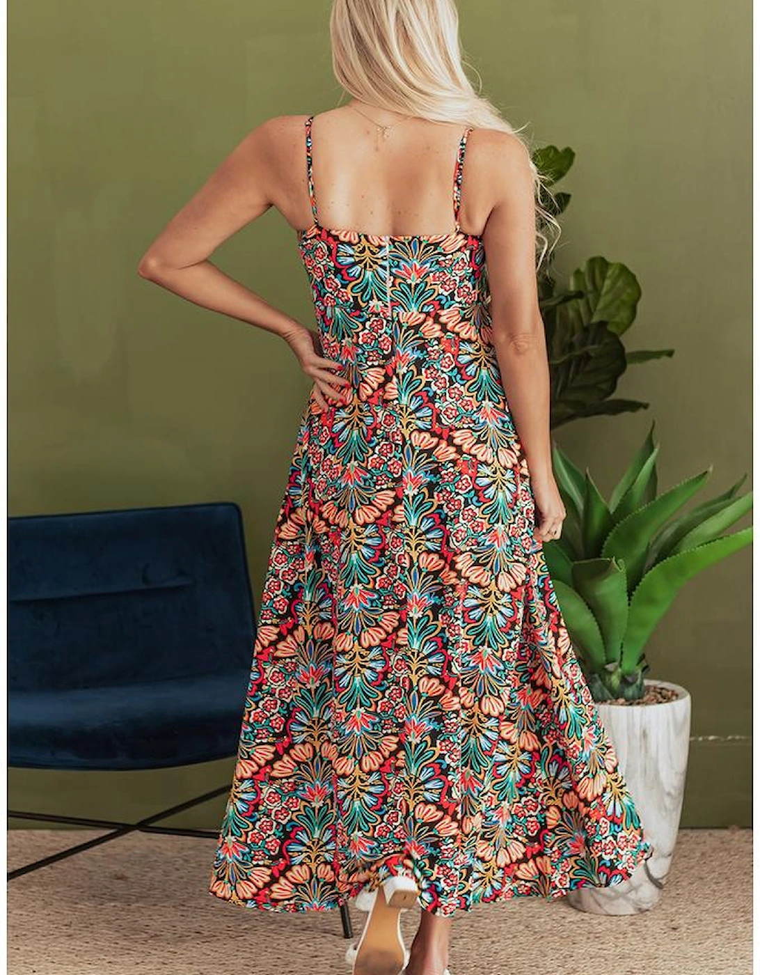 Black Boho Floral Print Thin Straps Sleeveless High Waist Maxi Dress
