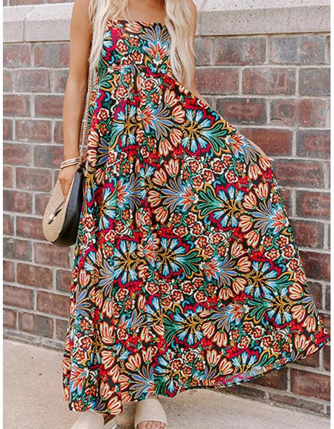 Black Boho Floral Print Thin Straps Sleeveless High Waist Maxi Dress