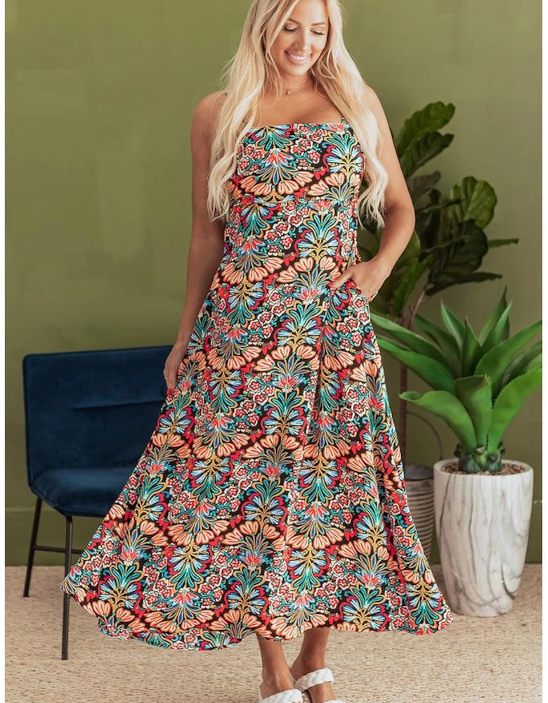 Black Boho Floral Print Thin Straps Sleeveless High Waist Maxi Dress