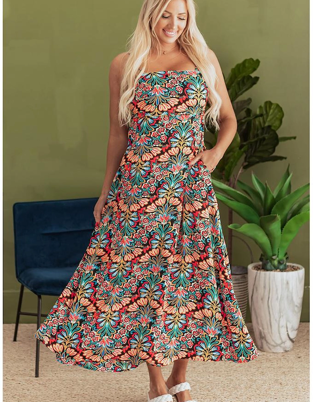 Black Boho Floral Print Thin Straps Sleeveless High Waist Maxi Dress