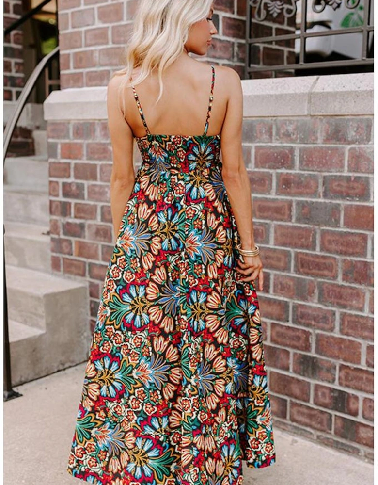 Black Boho Floral Print Thin Straps Sleeveless High Waist Maxi Dress