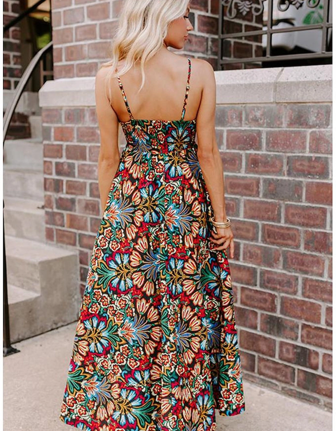 Black Boho Floral Print Thin Straps Sleeveless High Waist Maxi Dress