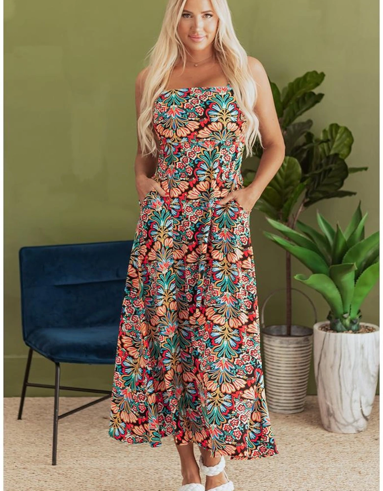 Black Boho Floral Print Thin Straps Sleeveless High Waist Maxi Dress