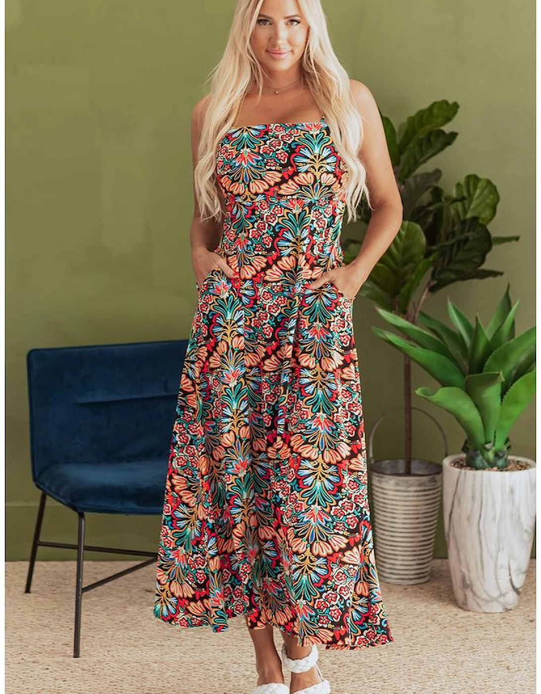 Black Boho Floral Print Thin Straps Sleeveless High Waist Maxi Dress