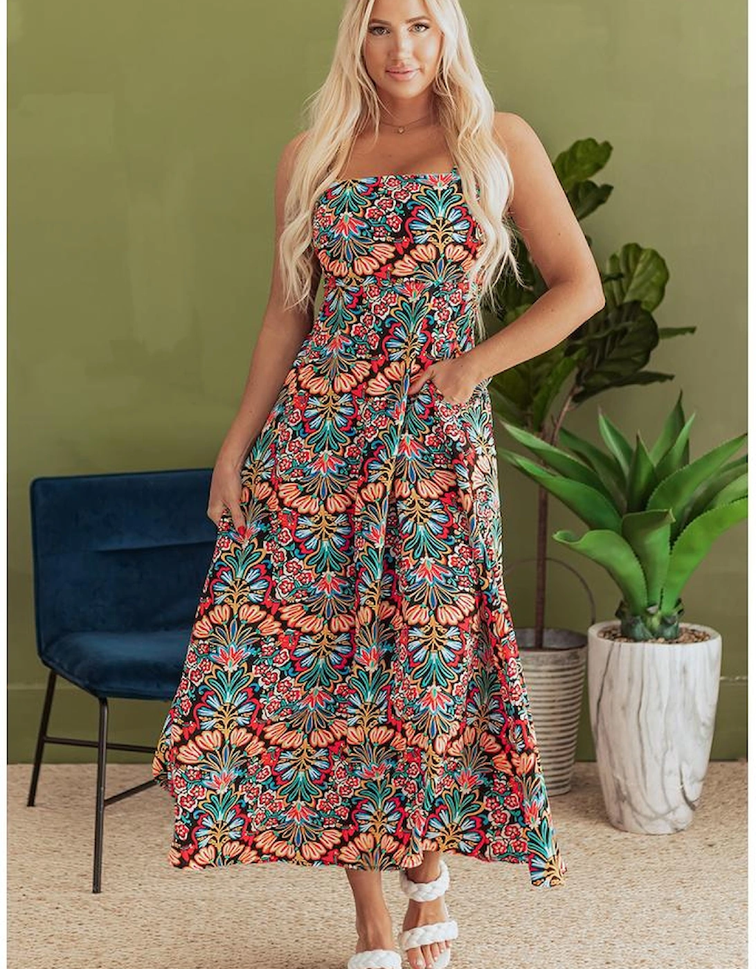 Black Boho Floral Print Thin Straps Sleeveless High Waist Maxi Dress, 16 of 15