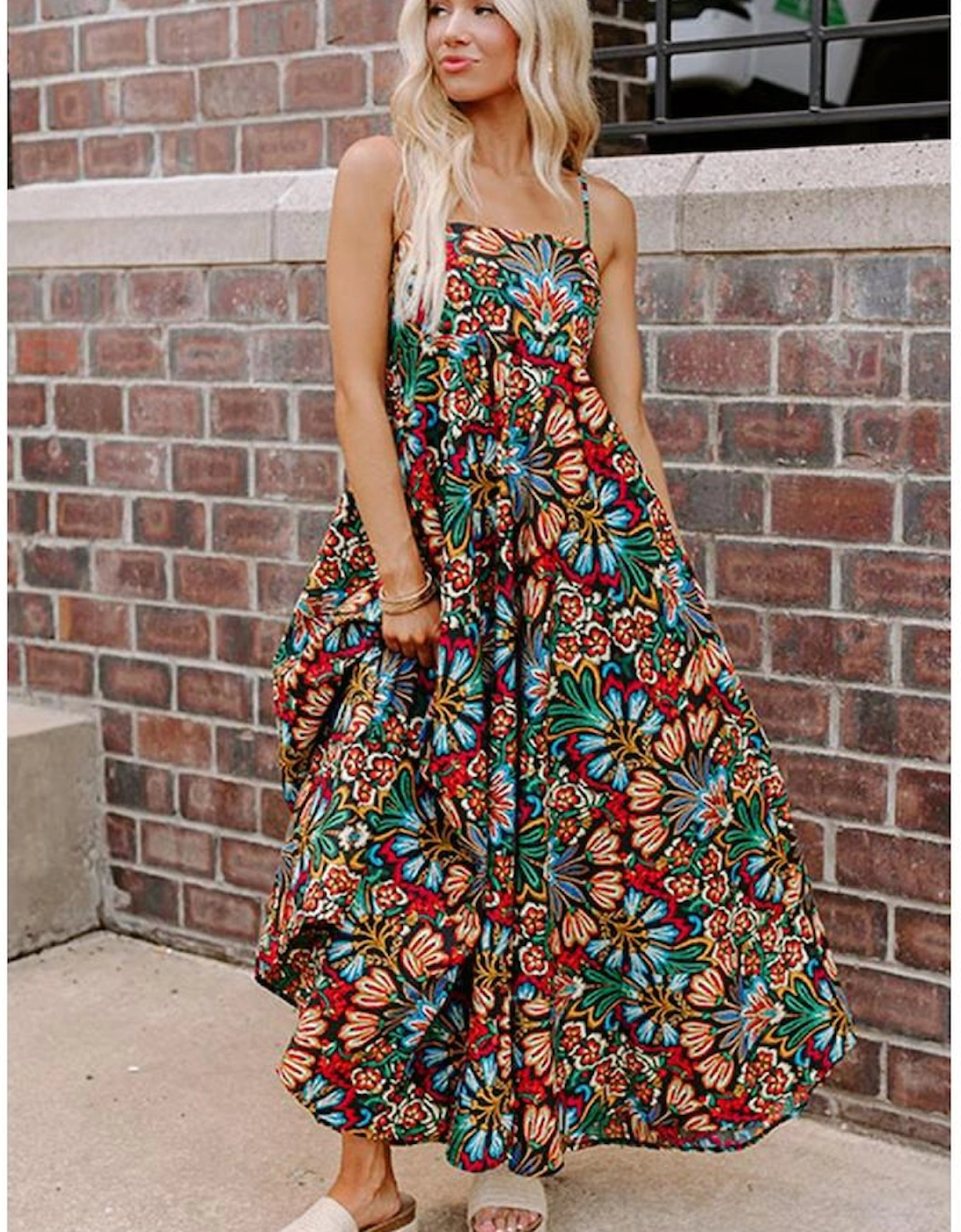 Black Boho Floral Print Thin Straps Sleeveless High Waist Maxi Dress