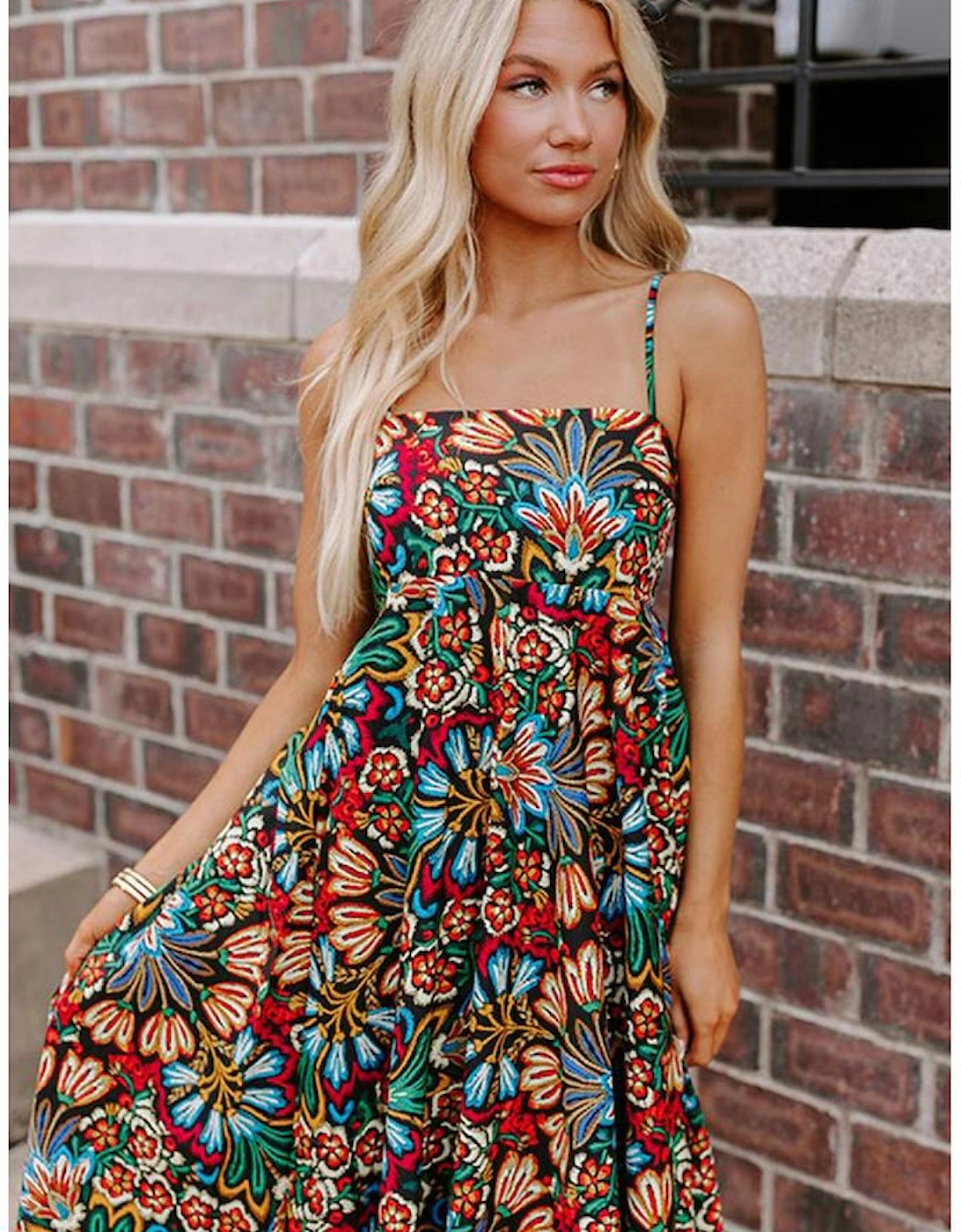 Black Boho Floral Print Thin Straps Sleeveless High Waist Maxi Dress
