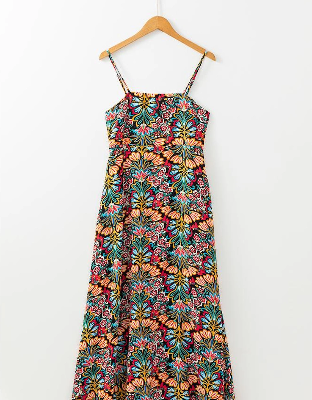 Black Boho Floral Print Thin Straps Sleeveless High Waist Maxi Dress