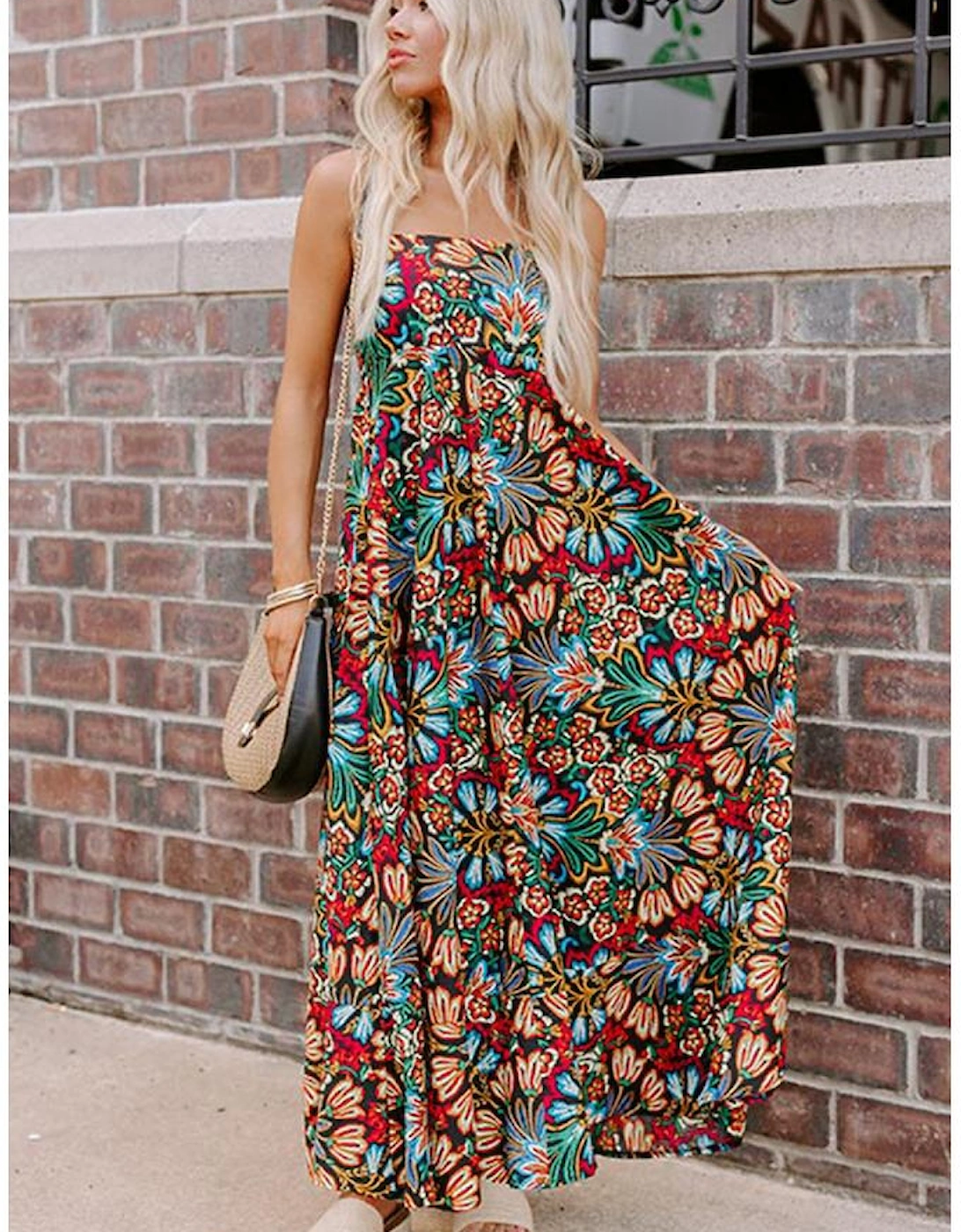 Black Boho Floral Print Thin Straps Sleeveless High Waist Maxi Dress
