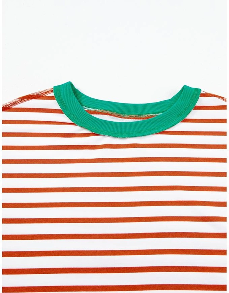 Orange Stripe Oversized Contrast Trim Exposed Seam High Low T Shirt