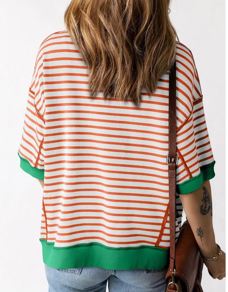 Orange Stripe Oversized Contrast Trim Exposed Seam High Low T Shirt