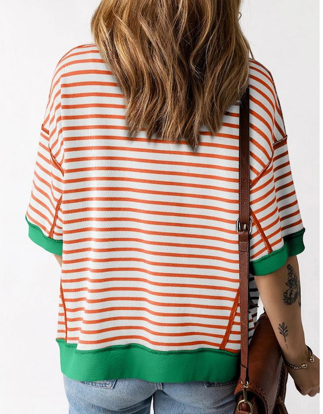 Orange Stripe Oversized Contrast Trim Exposed Seam High Low T Shirt